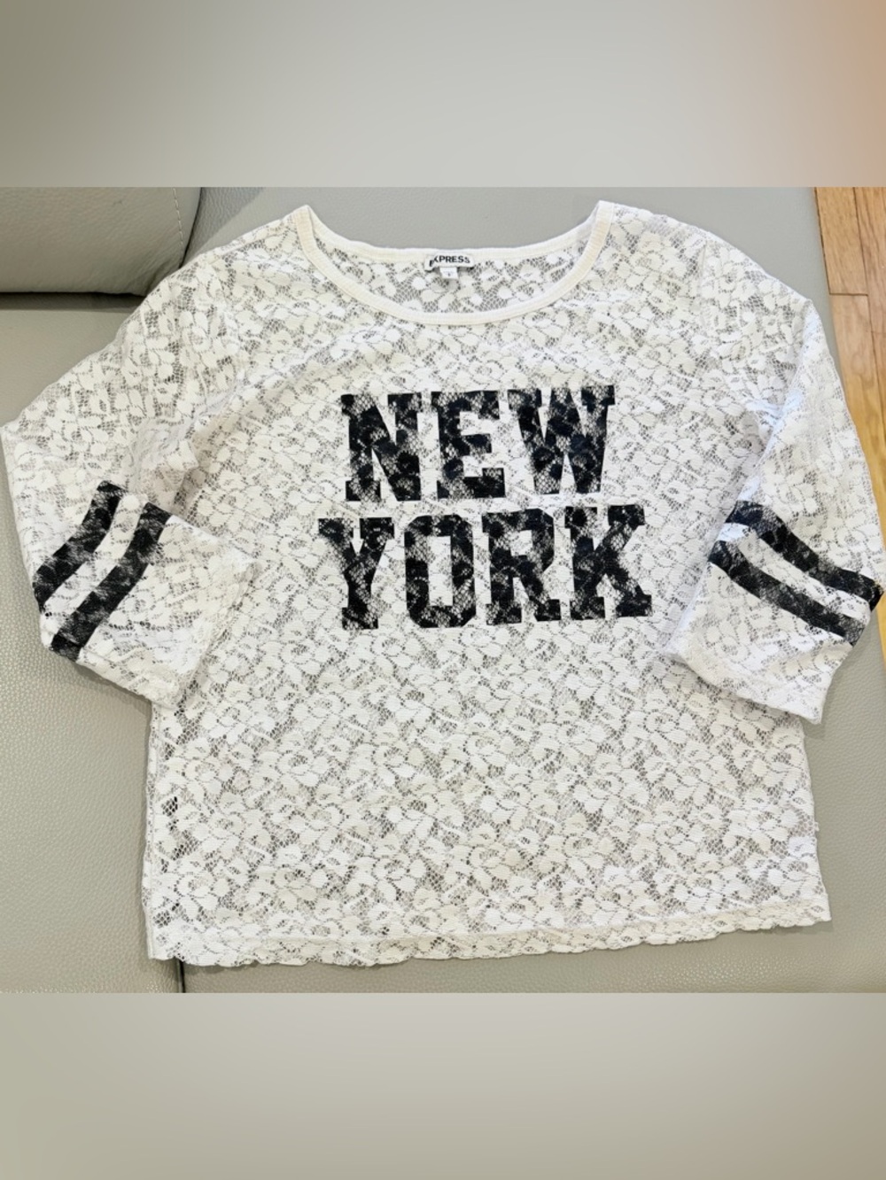 Express White Lace “New York” Long Sleeve Top Black Graphic Sheer Size Small